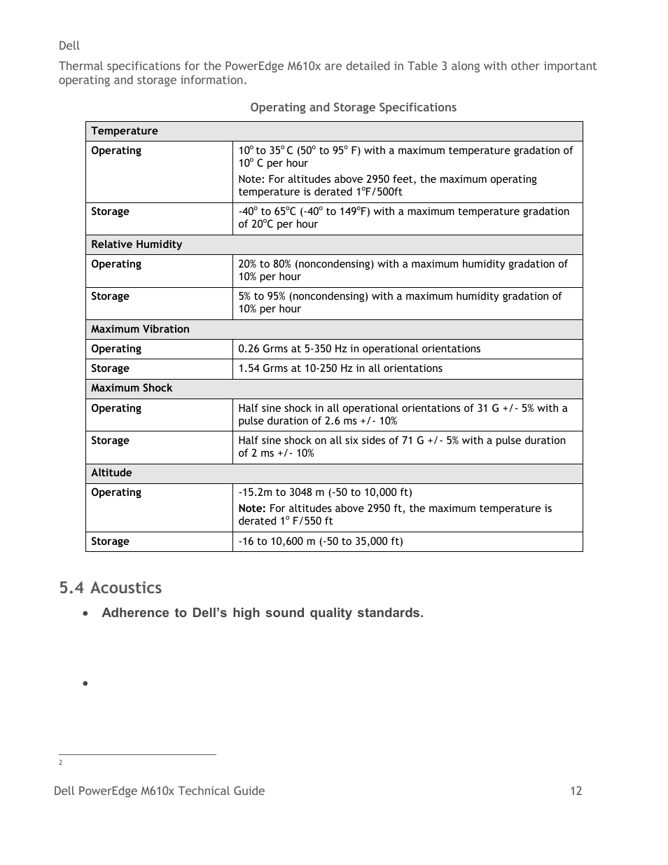 Acoustics, Table 3, Operating and storage specifications | 4 acoustics | Dell PowerEdge M610x User Manual | Page 17 / 48
