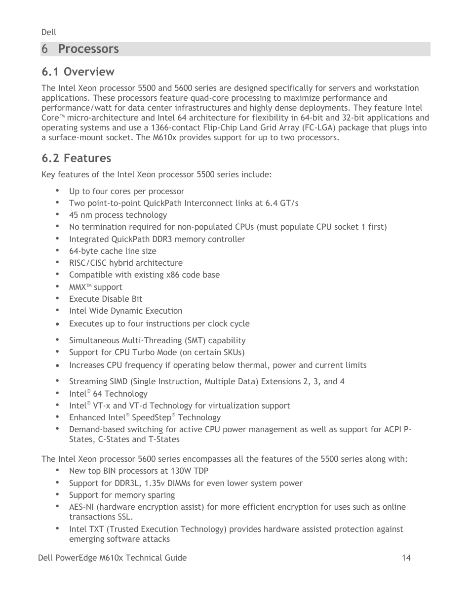 Processors, Overview, Features | 6 processors, 1 overview, 2 features | Dell PowerEdge M610x User Manual | Page 19 / 48