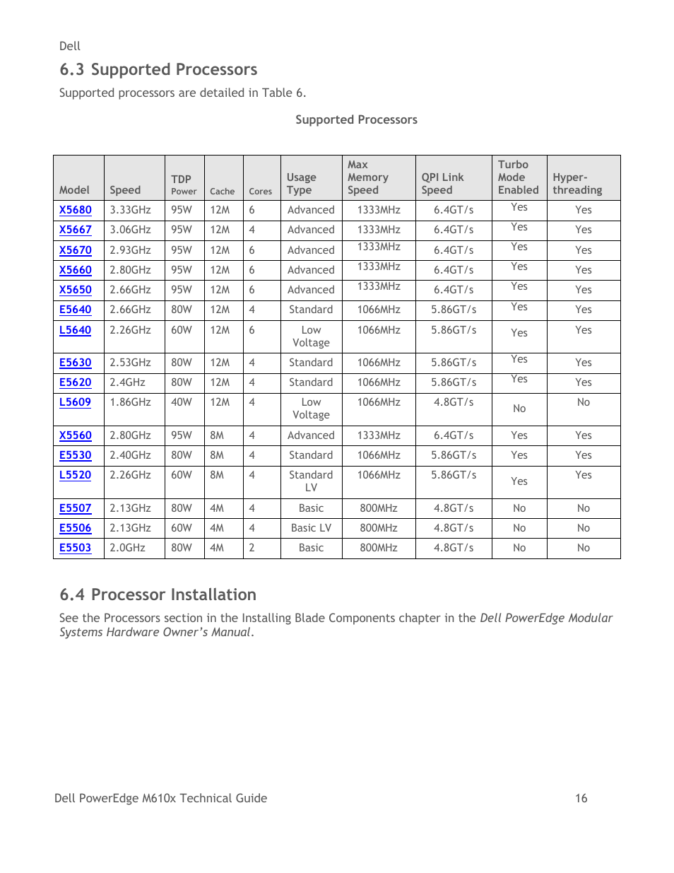Supported processors, Processor installation, Table 6 | 3 supported processors, 4 processor installation | Dell PowerEdge M610x User Manual | Page 21 / 48