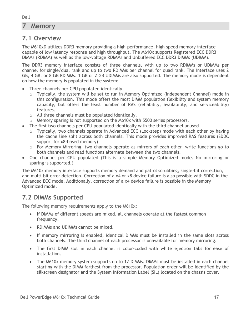 Memory, Overview, Dimms supported | 1 overview, 2 dimms supported | Dell PowerEdge M610x User Manual | Page 22 / 48