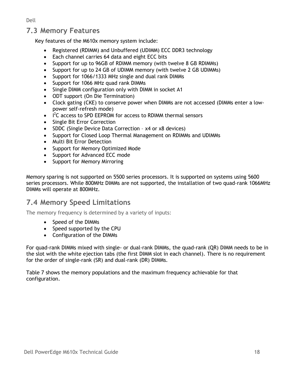 Memory features, Memory speed limitations | Dell PowerEdge M610x User Manual | Page 23 / 48