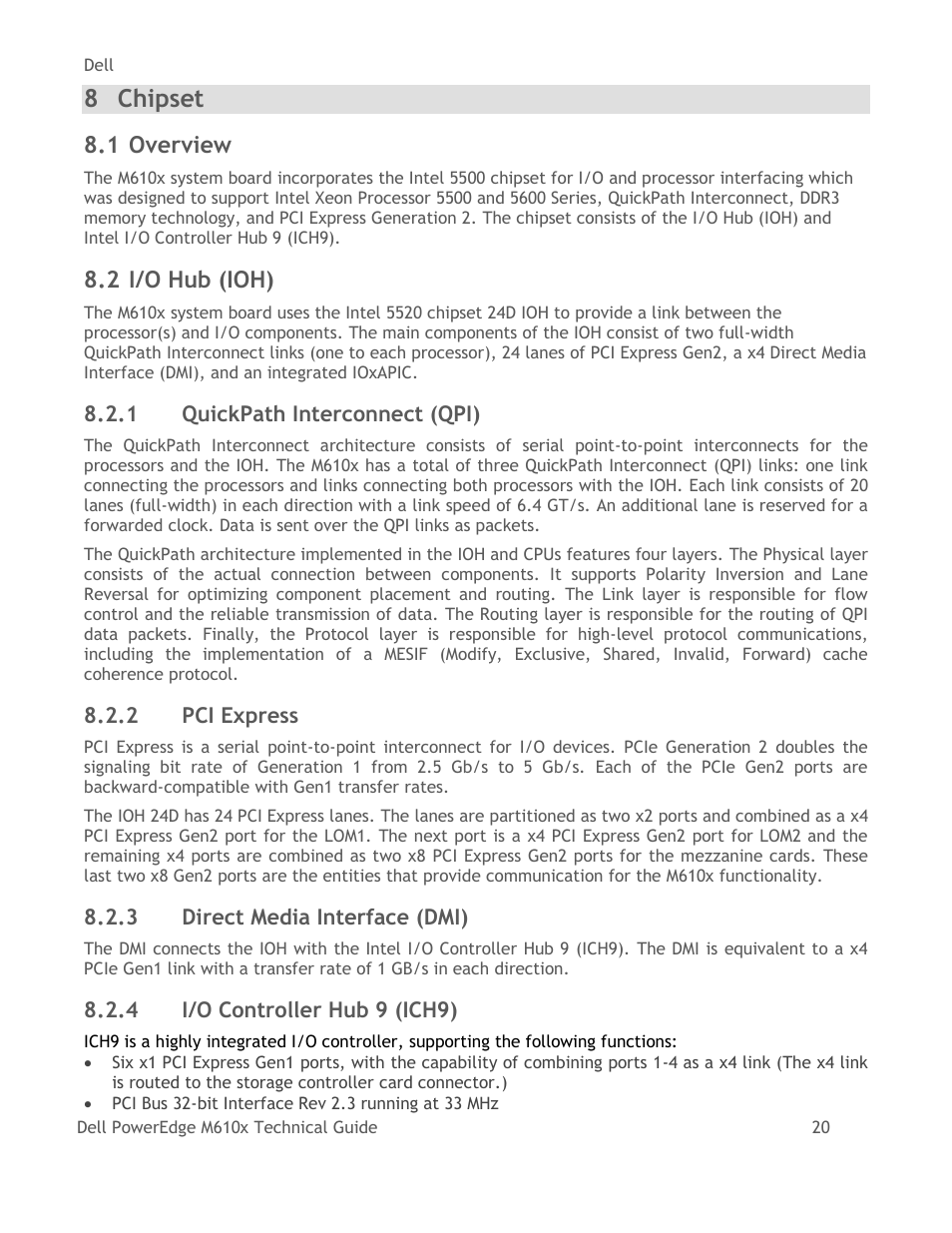 Chipset, Overview, I/o hub (ioh) | Quickpath interconnect (qpi), Pci express, Direct media interface (dmi), I/o controller hub 9 (ich9), 8 chipset, 1 overview, 2 i/o hub (ioh) | Dell PowerEdge M610x User Manual | Page 25 / 48