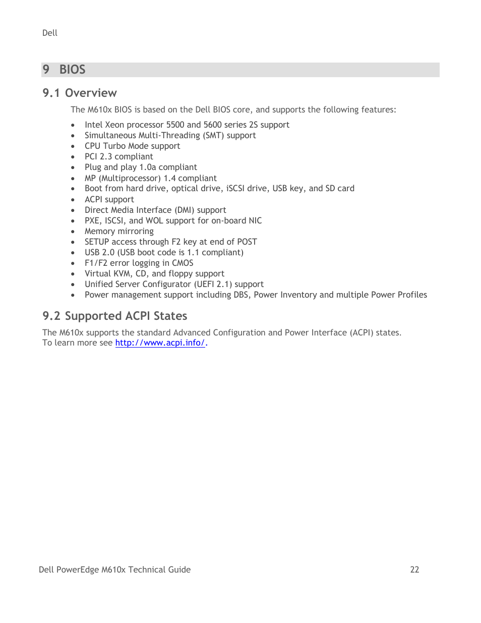 Bios, Overview, Supported acpi states | 9 bios, 1 overview, 2 supported acpi states | Dell PowerEdge M610x User Manual | Page 27 / 48