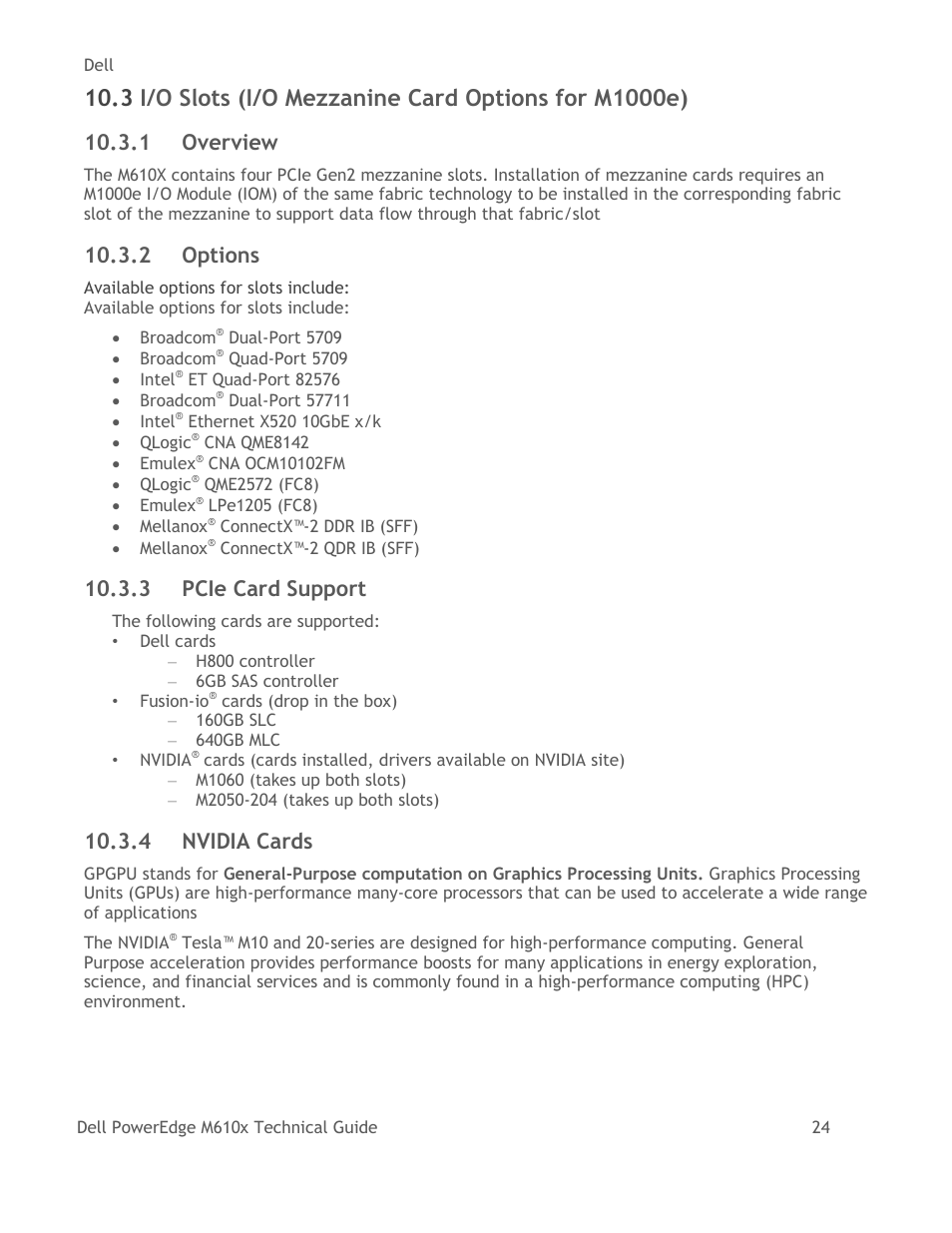 I/o slots (i/o mezzanine card options for m1000e), Overview, Options | Pcie card support, Nvidia cards, 1 overview, 2 options, 3 pcie card support, 4 nvidia cards | Dell PowerEdge M610x User Manual | Page 29 / 48