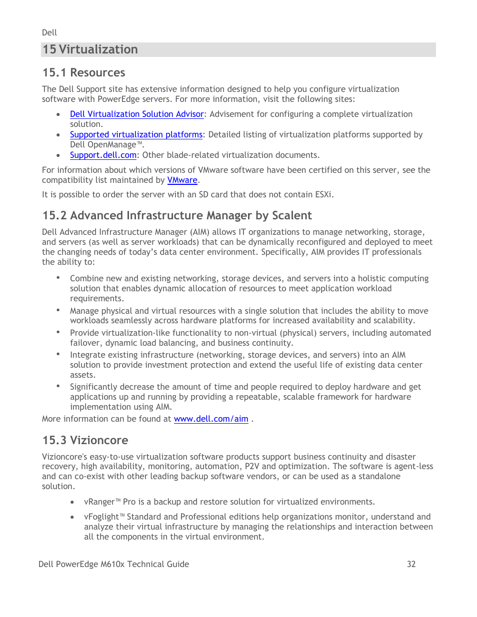 Virtualization, Resources, Advanced infrastructure manager by scalent | Vizioncore, 15 virtualization, 1 resources, 2 advanced infrastructure manager by scalent, 3 vizioncore | Dell PowerEdge M610x User Manual | Page 37 / 48
