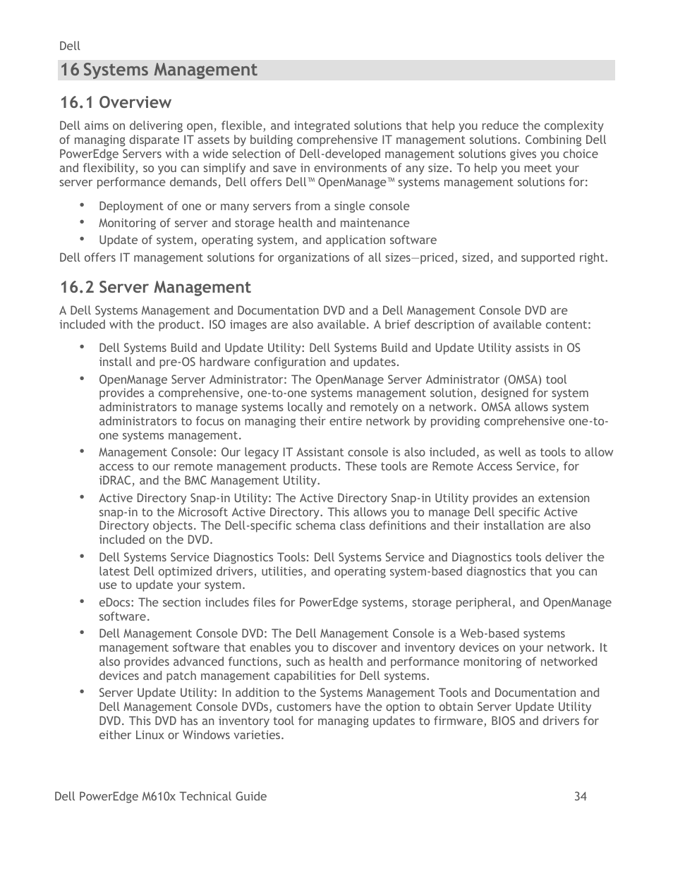 Systems management, Overview, Server management | 16 systems management, 1 overview, 2 server management | Dell PowerEdge M610x User Manual | Page 39 / 48