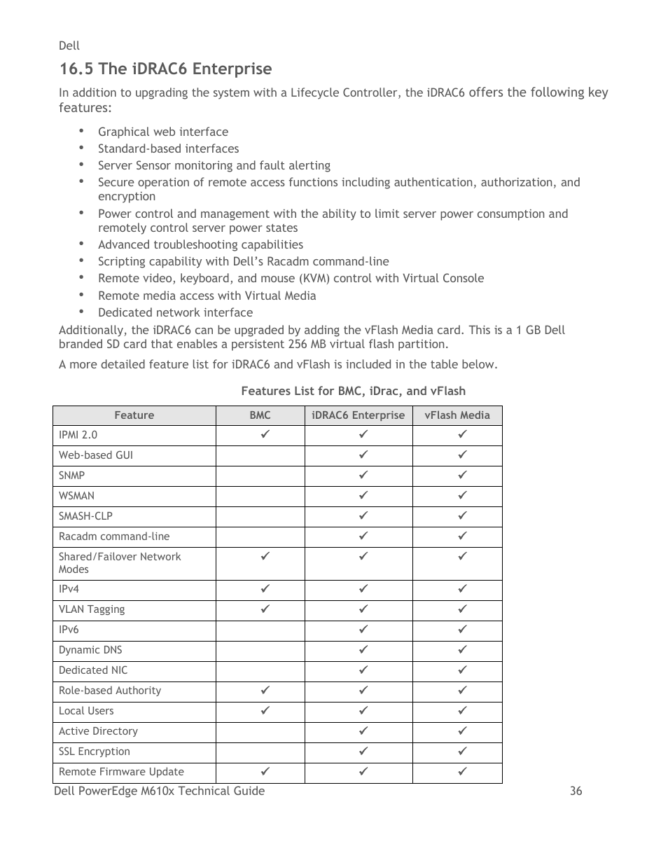 The idrac6 enterprise, Table 10, Features list for bmc, idrac, and vflash | 5 the idrac6 enterprise | Dell PowerEdge M610x User Manual | Page 41 / 48