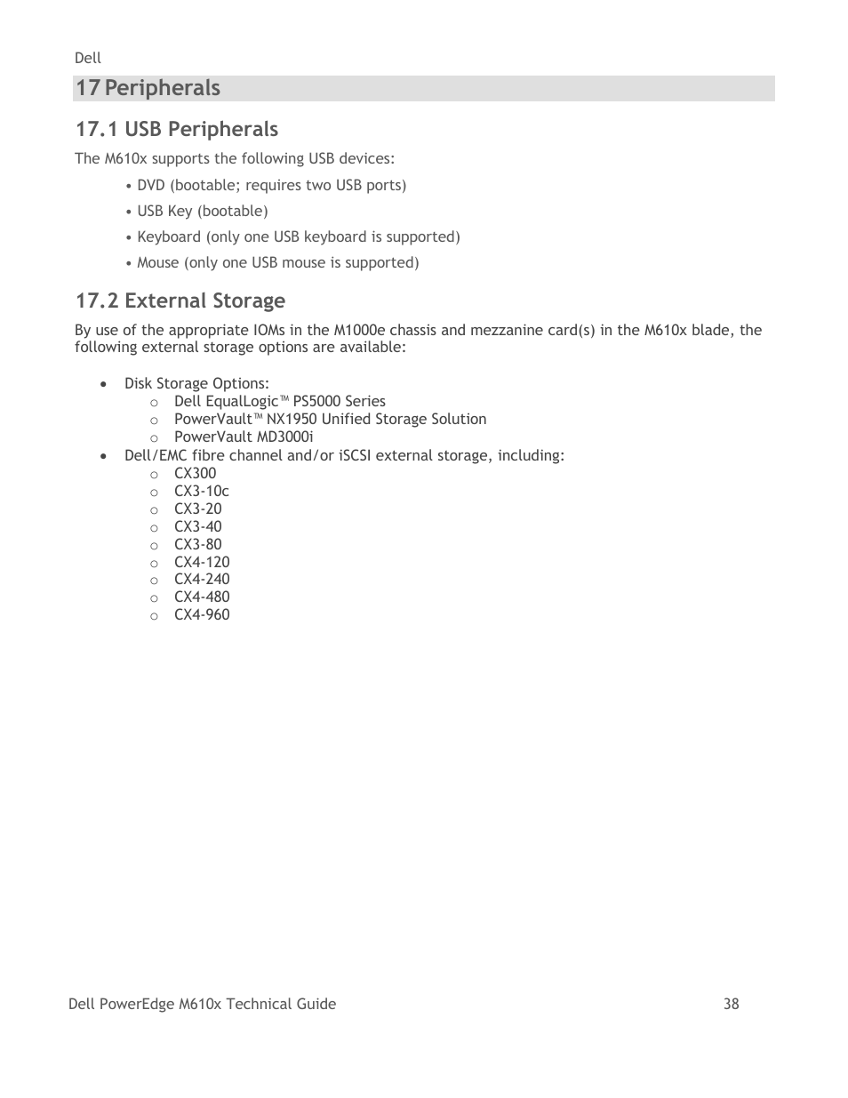 Peripherals, Usb peripherals, External storage | 17 peripherals, 1 usb peripherals, 2 external storage | Dell PowerEdge M610x User Manual | Page 43 / 48