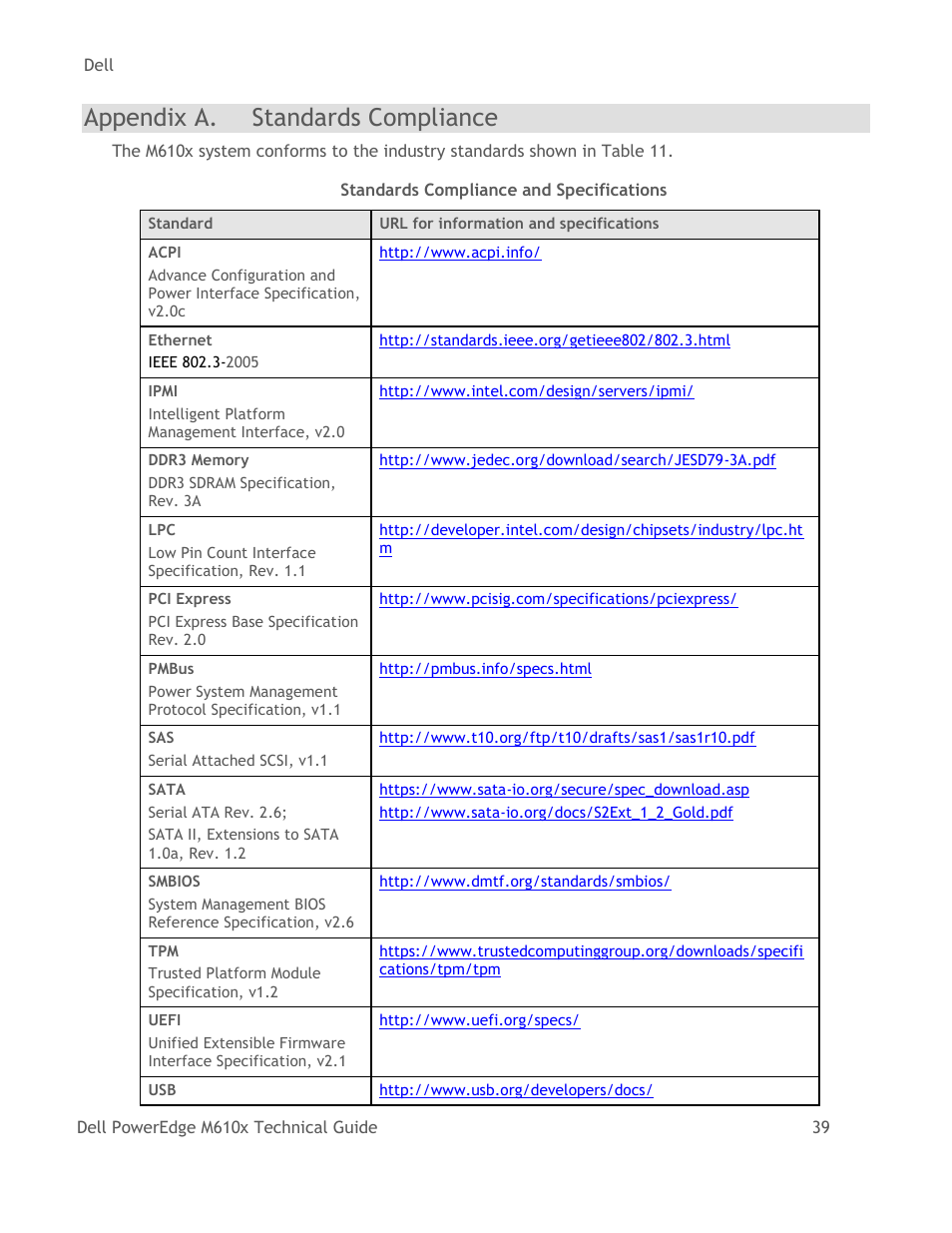 Appendix a, Standards compliance, Table 11 | Standards compliance and specifications, Appendix a. standards compliance | Dell PowerEdge M610x User Manual | Page 44 / 48