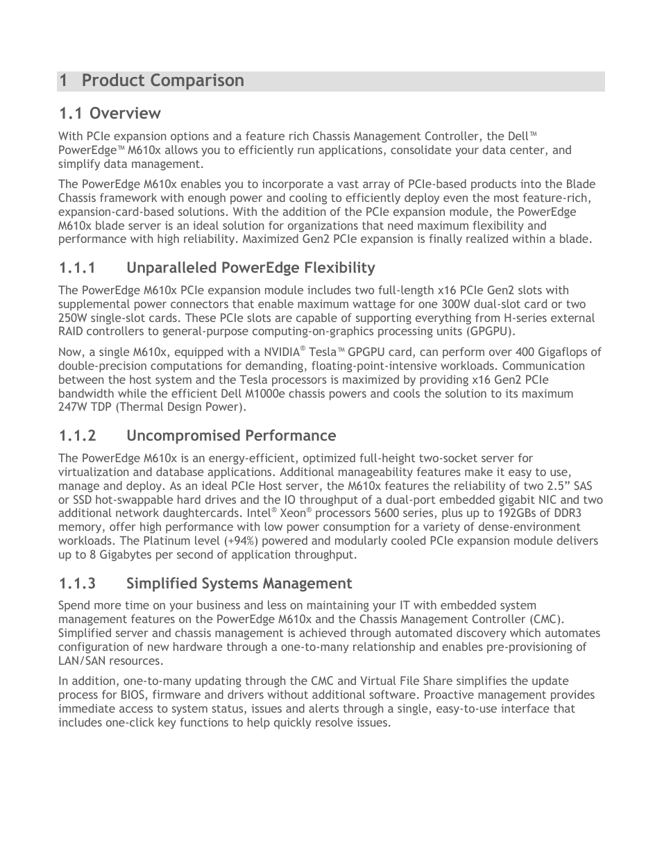 Product comparison, Overview, Unparalleled poweredge flexibility | Uncompromised performance, Simplified systems management, 1 product comparison, 1 overview | Dell PowerEdge M610x User Manual | Page 6 / 48