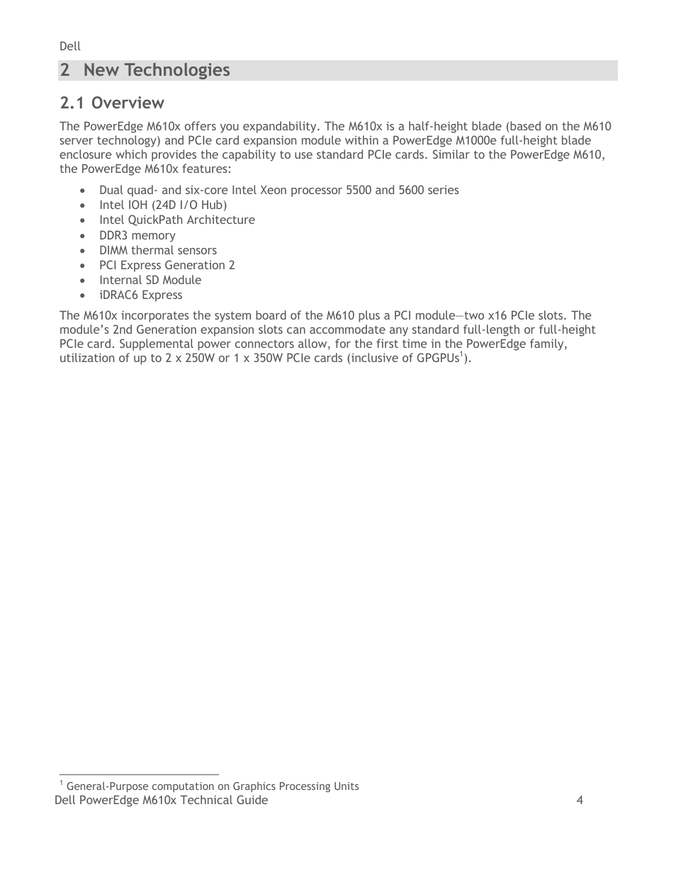 New technologies, Overview, 2 new technologies | 1 overview | Dell PowerEdge M610x User Manual | Page 9 / 48