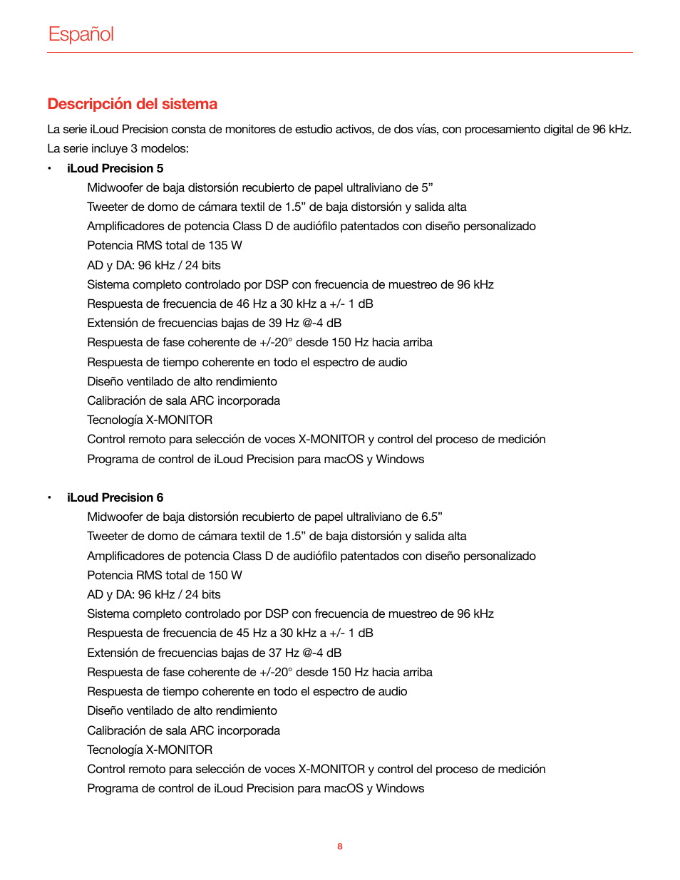 Descripción del sistema, Español | IK Multimedia iLoud Precision MTM Active 2-Way 175W Dual 5" Studio Monitor (White, Single) User Manual | Page 32 / 119