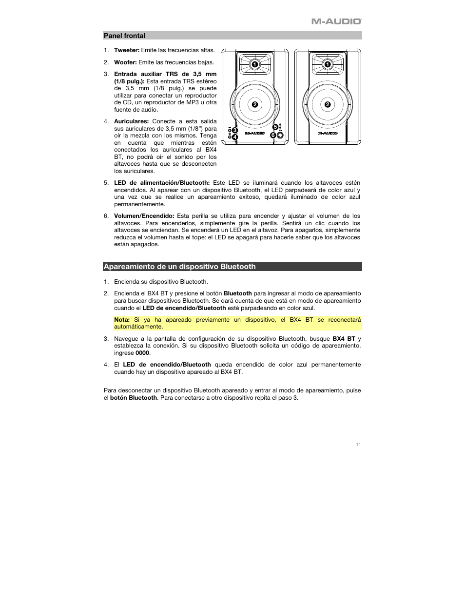 Panel frontal, Apareamiento de un dispositivo bluetooth | M-AUDIO BX4BT 4.5" 120W Studio Monitors (Pair) User Manual | Page 11 / 28