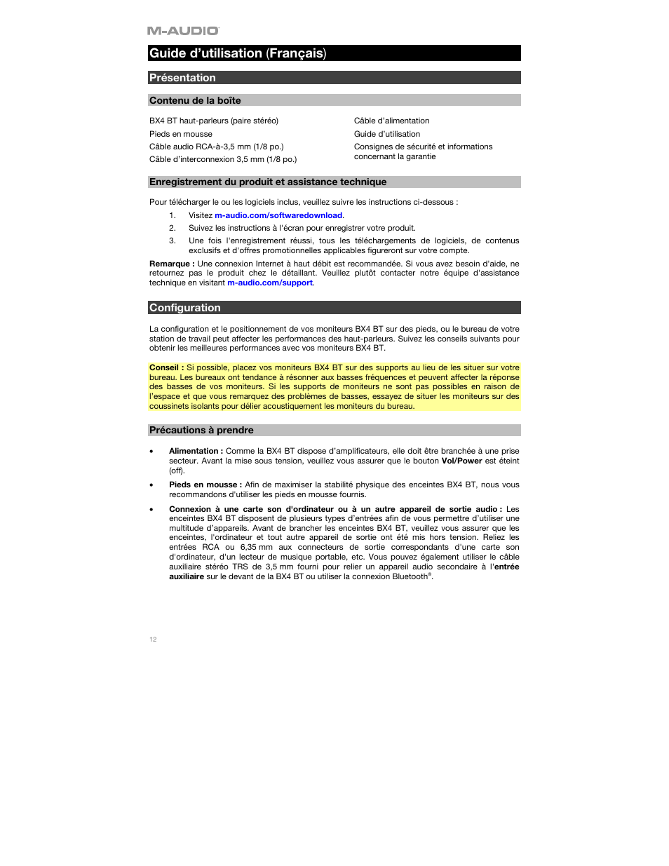 Guide d’utilisation (français), Présentation, Contenu de la boîte | Enregistrement du produit et assistance technique, Configuration, Précautions à prendre, Guide d’utilisation, Français ( 12 – 16 ), Guide d’utilisation ( français ) | M-AUDIO BX4BT 4.5" 120W Studio Monitors (Pair) User Manual | Page 12 / 28