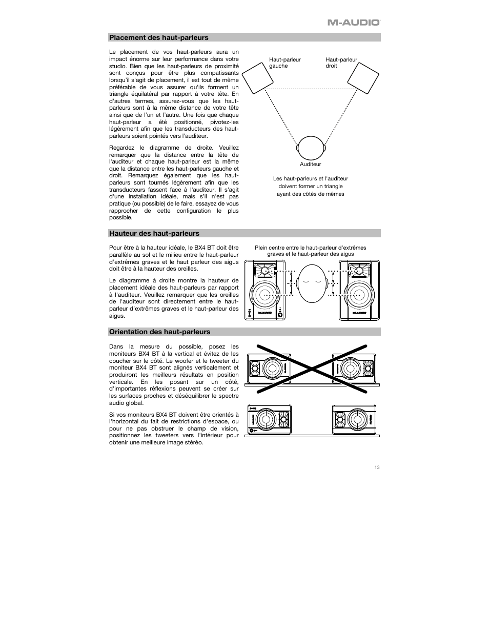 Placement des haut-parleurs, Hauteur des haut-parleurs, Orientation des haut-parleurs | M-AUDIO BX4BT 4.5" 120W Studio Monitors (Pair) User Manual | Page 13 / 28