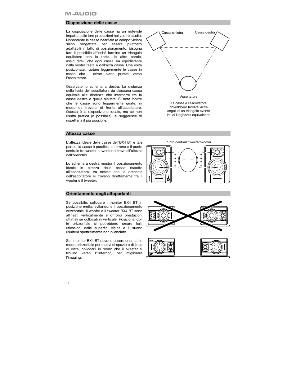 Disposizione delle casse, Altezza casse, Orientamento degli altoparlanti | M-AUDIO BX4BT 4.5" 120W Studio Monitors (Pair) User Manual | Page 18 / 28