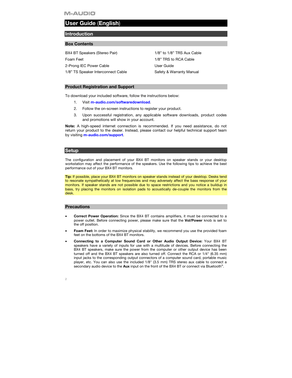 User guide (english), Introduction, Box contents | Product registration and support, Setup, Precautions, User guide, English ( 2 – 6 ), User guide ( english ) | M-AUDIO BX4BT 4.5" 120W Studio Monitors (Pair) User Manual | Page 2 / 28