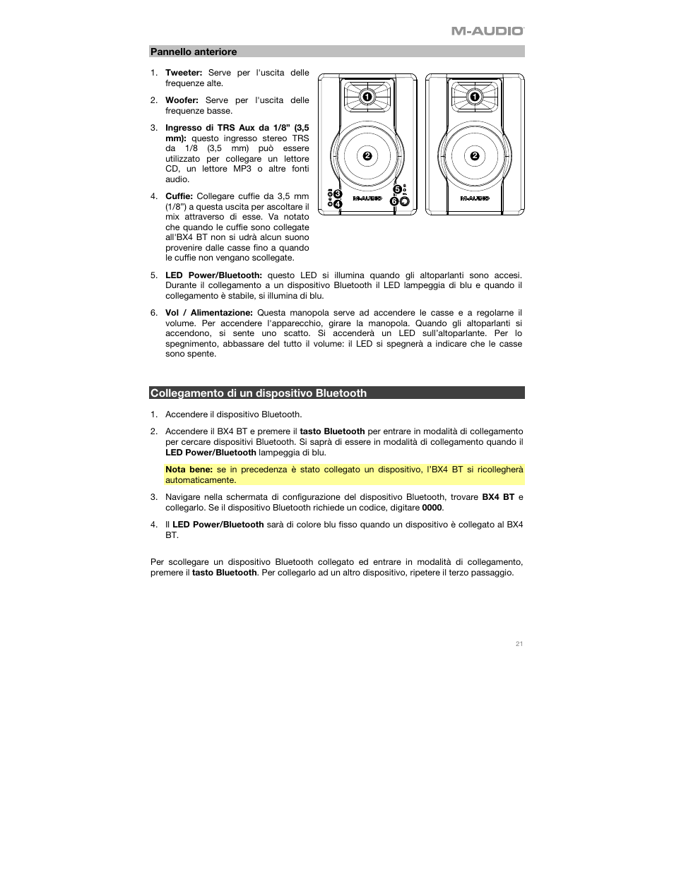 Pannello anteriore, Collegamento di un dispositivo bluetooth | M-AUDIO BX4BT 4.5" 120W Studio Monitors (Pair) User Manual | Page 21 / 28