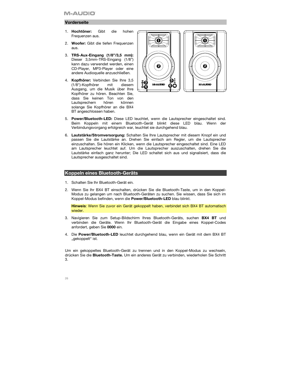 Vorderseite, Koppeln eines bluetooth-geräts | M-AUDIO BX4BT 4.5" 120W Studio Monitors (Pair) User Manual | Page 26 / 28