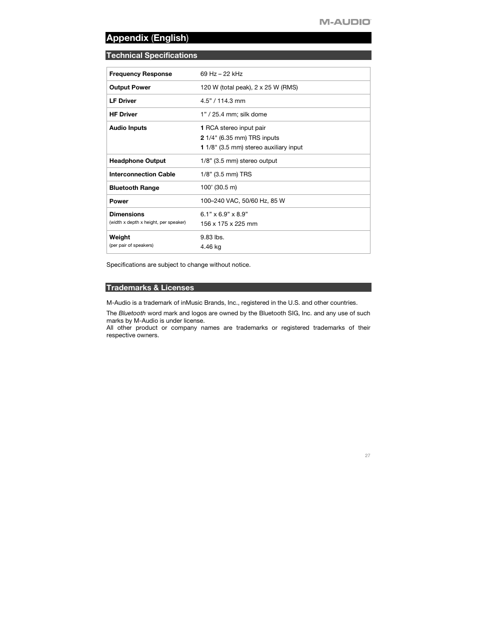 Appendix (english), Technical specifications, Trademarks & licenses | Appendix, English ( 27 ), Appendix ( english ) | M-AUDIO BX4BT 4.5" 120W Studio Monitors (Pair) User Manual | Page 27 / 28