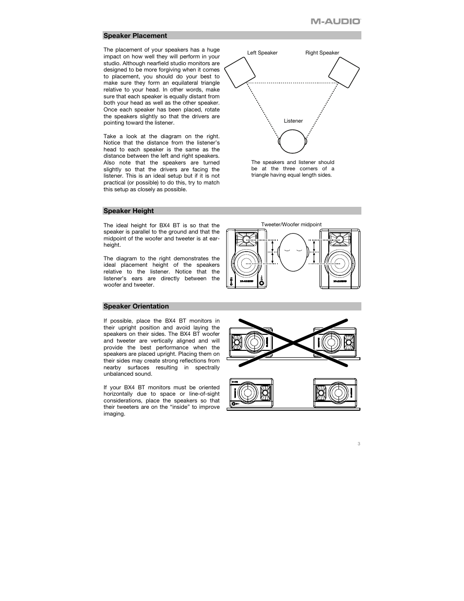 Speaker placement, Speaker height, Speaker orientation | M-AUDIO BX4BT 4.5" 120W Studio Monitors (Pair) User Manual | Page 3 / 28