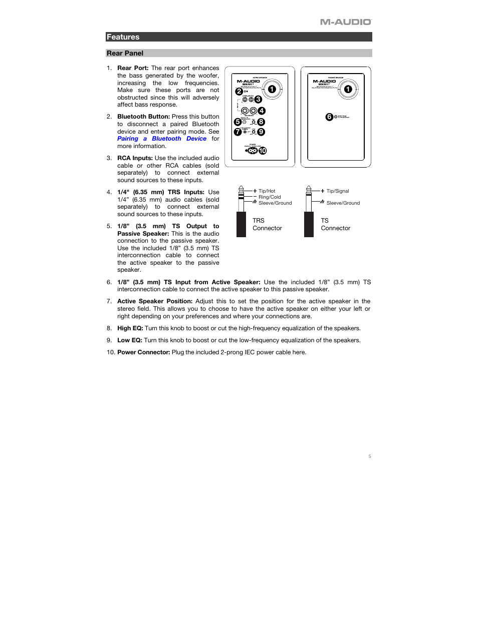 Features, Rear panel | M-AUDIO BX4BT 4.5" 120W Studio Monitors (Pair) User Manual | Page 5 / 28