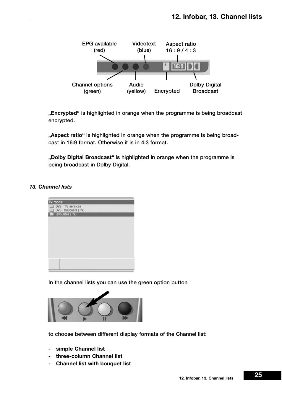 Infobar, 13. channel lists 25 | Dream Vision DM 7000-S User Manual | Page 25 / 70
