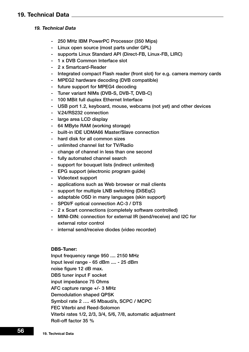56 19. technical data | Dream Vision DM 7000-S User Manual | Page 56 / 70
