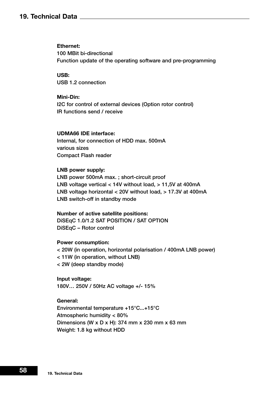 58 19. technical data | Dream Vision DM 7000-S User Manual | Page 58 / 70