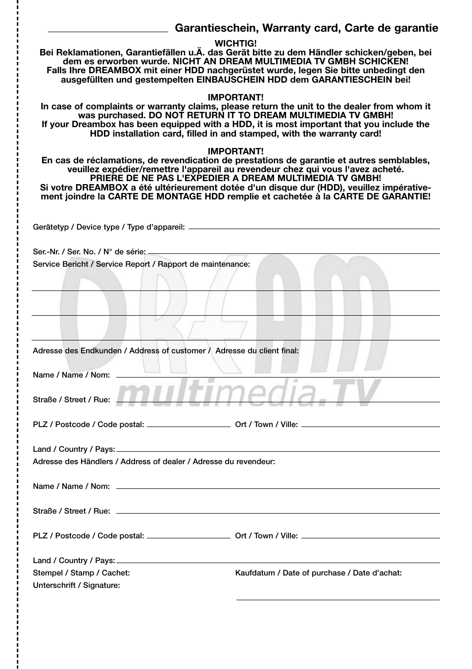 Garantieschein, warranty card, carte de garantie | Dream Vision DM 7000-S User Manual | Page 67 / 70
