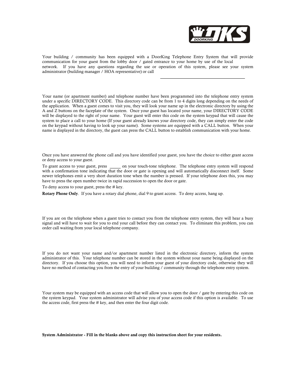 Guest communication, Granting or denying access, Call waiting | Privacy, Access code, Resident instruction sheet | DoorKing 1814 User Manual | Page 57 / 57