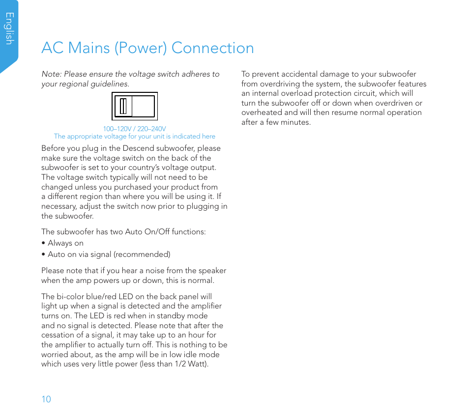 Ac mains (power) connection | Definitive Technology 1x8"Longthrow Woofer and 2-8" Radiators (Black) User Manual | Page 11 / 138