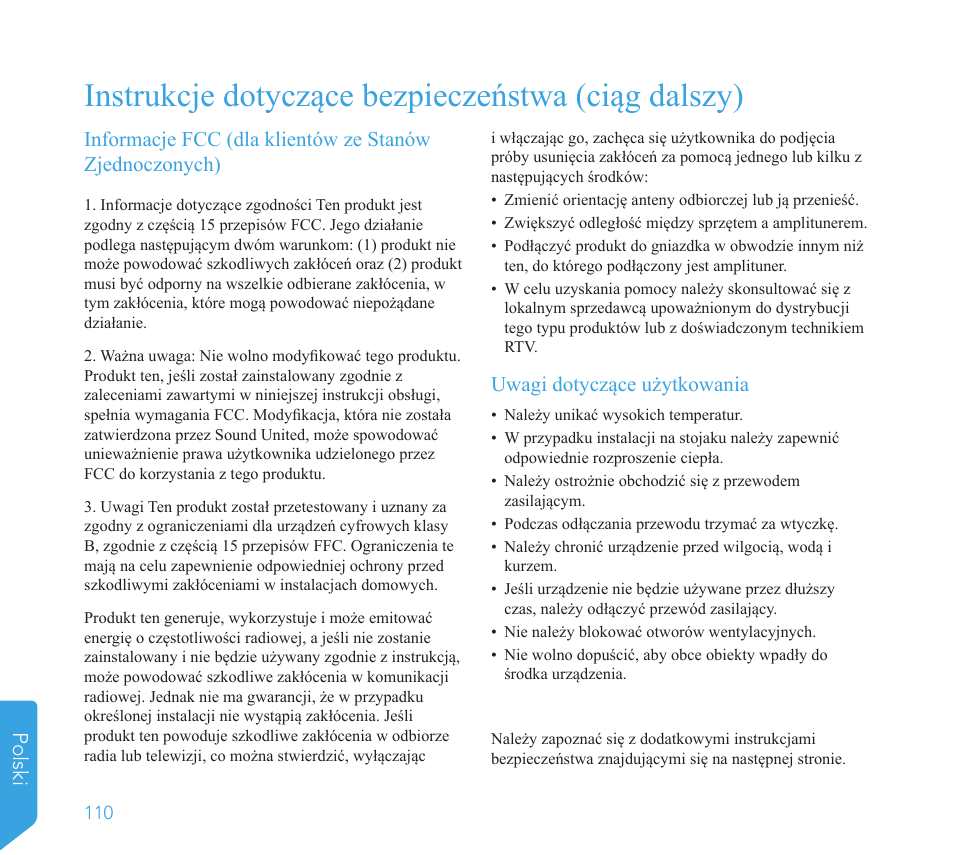 Instrukcje dotyczące bezpieczeństwa (ciąg dalszy), Uwagi dotyczące użytkowania | Definitive Technology 1x8"Longthrow Woofer and 2-8" Radiators (Black) User Manual | Page 111 / 138
