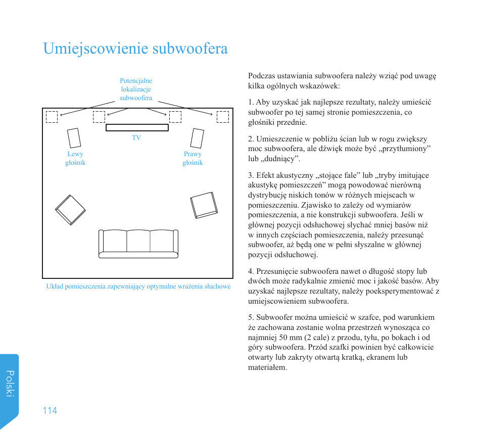 Umiejscowienie subwoofera, Polski | Definitive Technology 1x8"Longthrow Woofer and 2-8" Radiators (Black) User Manual | Page 115 / 138