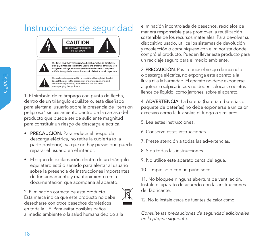 Instrucciones de seguridad, Español | Definitive Technology 1x8"Longthrow Woofer and 2-8" Radiators (Black) User Manual | Page 19 / 138