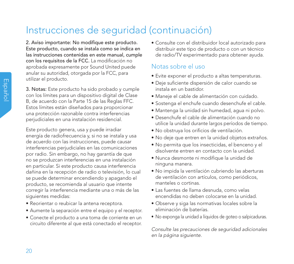 Instrucciones de seguridad (continuación), Español, Notas sobre el uso | Definitive Technology 1x8"Longthrow Woofer and 2-8" Radiators (Black) User Manual | Page 21 / 138