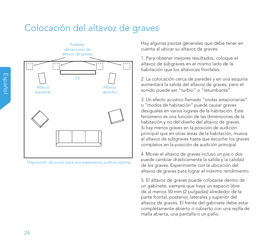 Colocación del altavoz de graves, Español | Definitive Technology 1x8"Longthrow Woofer and 2-8" Radiators (Black) User Manual | Page 25 / 138