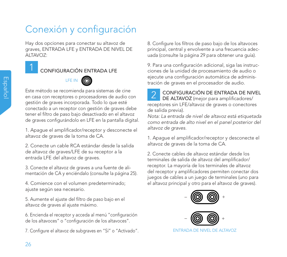 Conexión y configuración 1, Español | Definitive Technology 1x8"Longthrow Woofer and 2-8" Radiators (Black) User Manual | Page 27 / 138