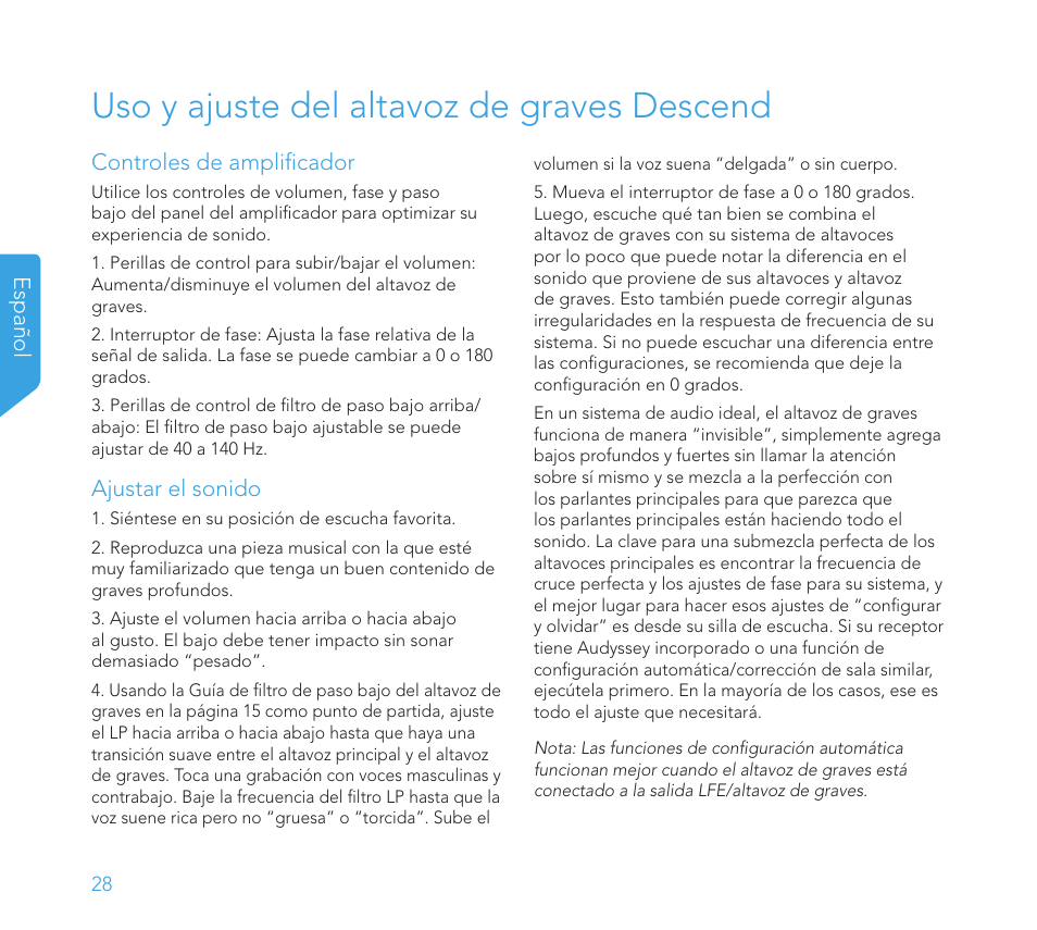 Uso y ajuste del altavoz de graves descend | Definitive Technology 1x8"Longthrow Woofer and 2-8" Radiators (Black) User Manual | Page 29 / 138