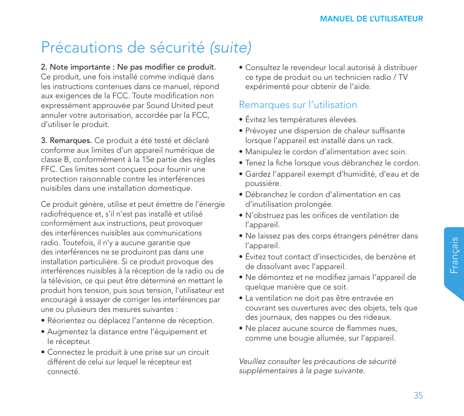 Précautions de sécurité (suite), Français, Remarques sur l’utilisation | Definitive Technology 1x8"Longthrow Woofer and 2-8" Radiators (Black) User Manual | Page 36 / 138