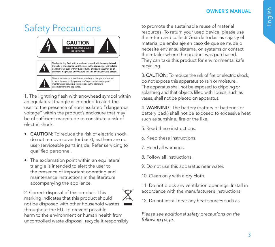 Safety precautions, English | Definitive Technology 1x8"Longthrow Woofer and 2-8" Radiators (Black) User Manual | Page 4 / 138