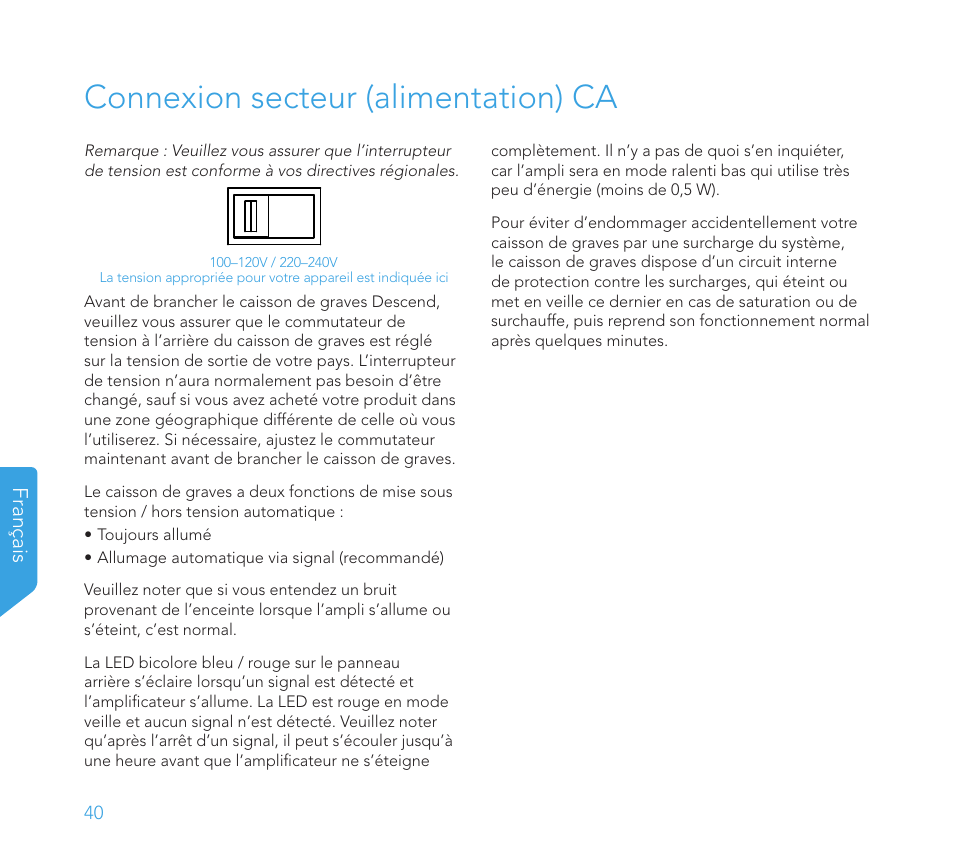 Connexion secteur (alimentation) ca, Français | Definitive Technology 1x8"Longthrow Woofer and 2-8" Radiators (Black) User Manual | Page 41 / 138