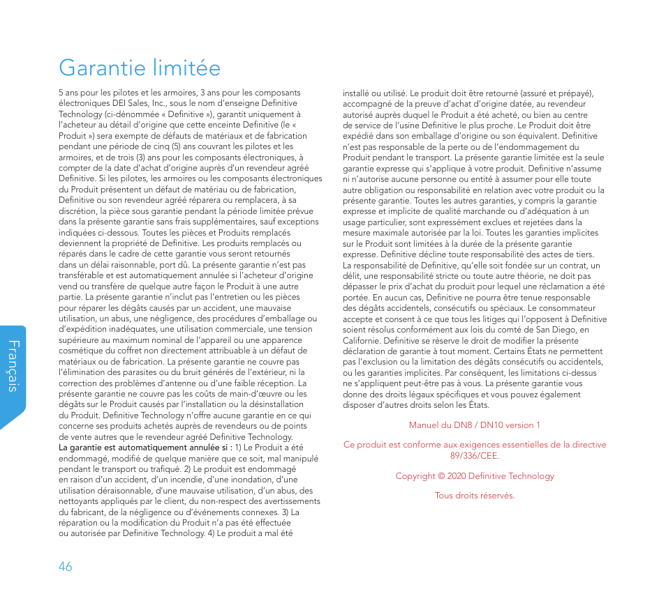 Garantie limitée, Français | Definitive Technology 1x8"Longthrow Woofer and 2-8" Radiators (Black) User Manual | Page 47 / 138