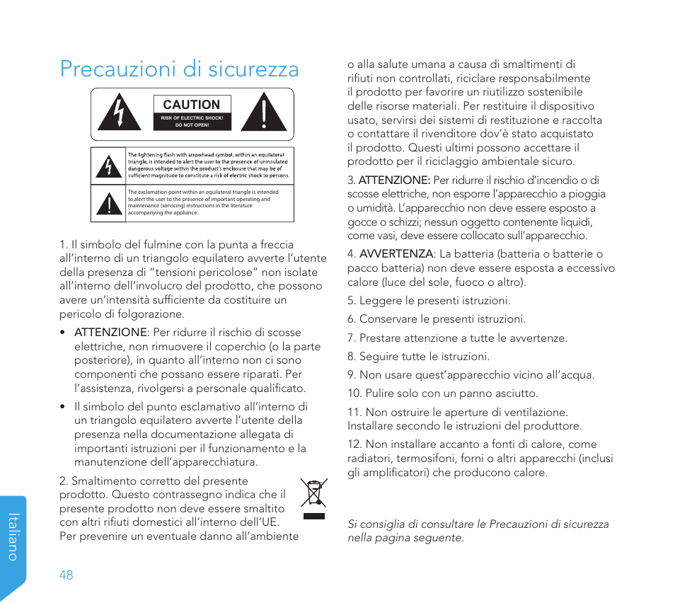 Precauzioni di sicurezza, Italiano | Definitive Technology 1x8"Longthrow Woofer and 2-8" Radiators (Black) User Manual | Page 49 / 138