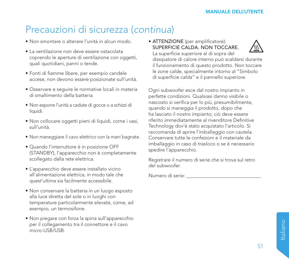 Precauzioni di sicurezza ( continua ) | Definitive Technology 1x8"Longthrow Woofer and 2-8" Radiators (Black) User Manual | Page 52 / 138