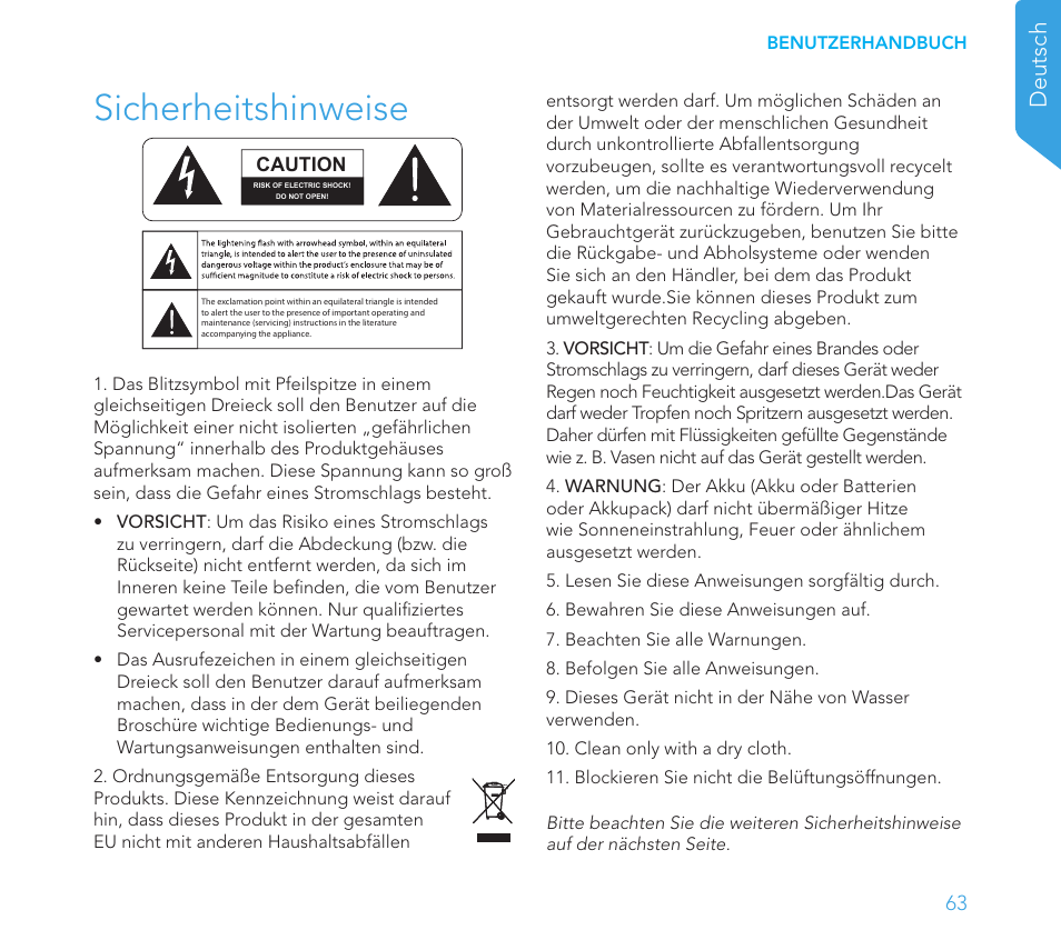Sicherheitshinweise, Deutsch | Definitive Technology 1x8"Longthrow Woofer and 2-8" Radiators (Black) User Manual | Page 64 / 138