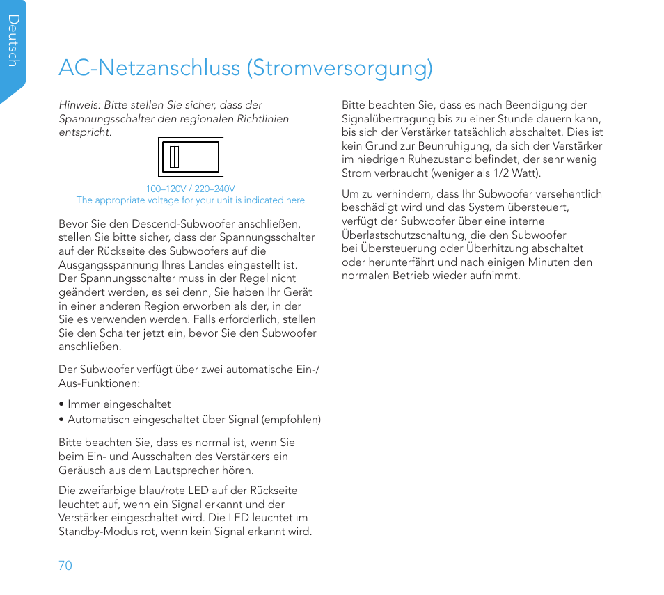 Ac-netzanschluss (stromversorgung), Deutsch | Definitive Technology 1x8"Longthrow Woofer and 2-8" Radiators (Black) User Manual | Page 71 / 138