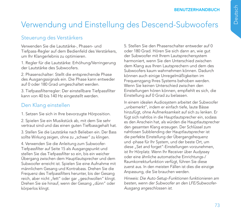 Verwendung und einstellung des descend-subwoofers | Definitive Technology 1x8"Longthrow Woofer and 2-8" Radiators (Black) User Manual | Page 74 / 138