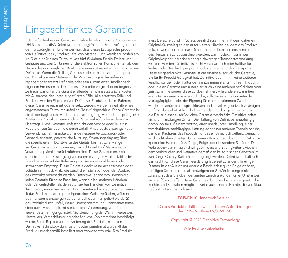 Eingeschränkte garantie, Deutsch | Definitive Technology 1x8"Longthrow Woofer and 2-8" Radiators (Black) User Manual | Page 77 / 138