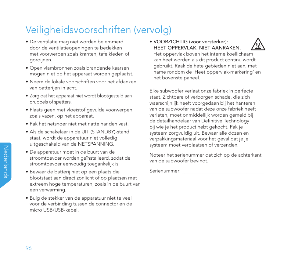 Veiligheidsvoorschriften (vervolg), Nederlands | Definitive Technology 1x8"Longthrow Woofer and 2-8" Radiators (Black) User Manual | Page 97 / 138